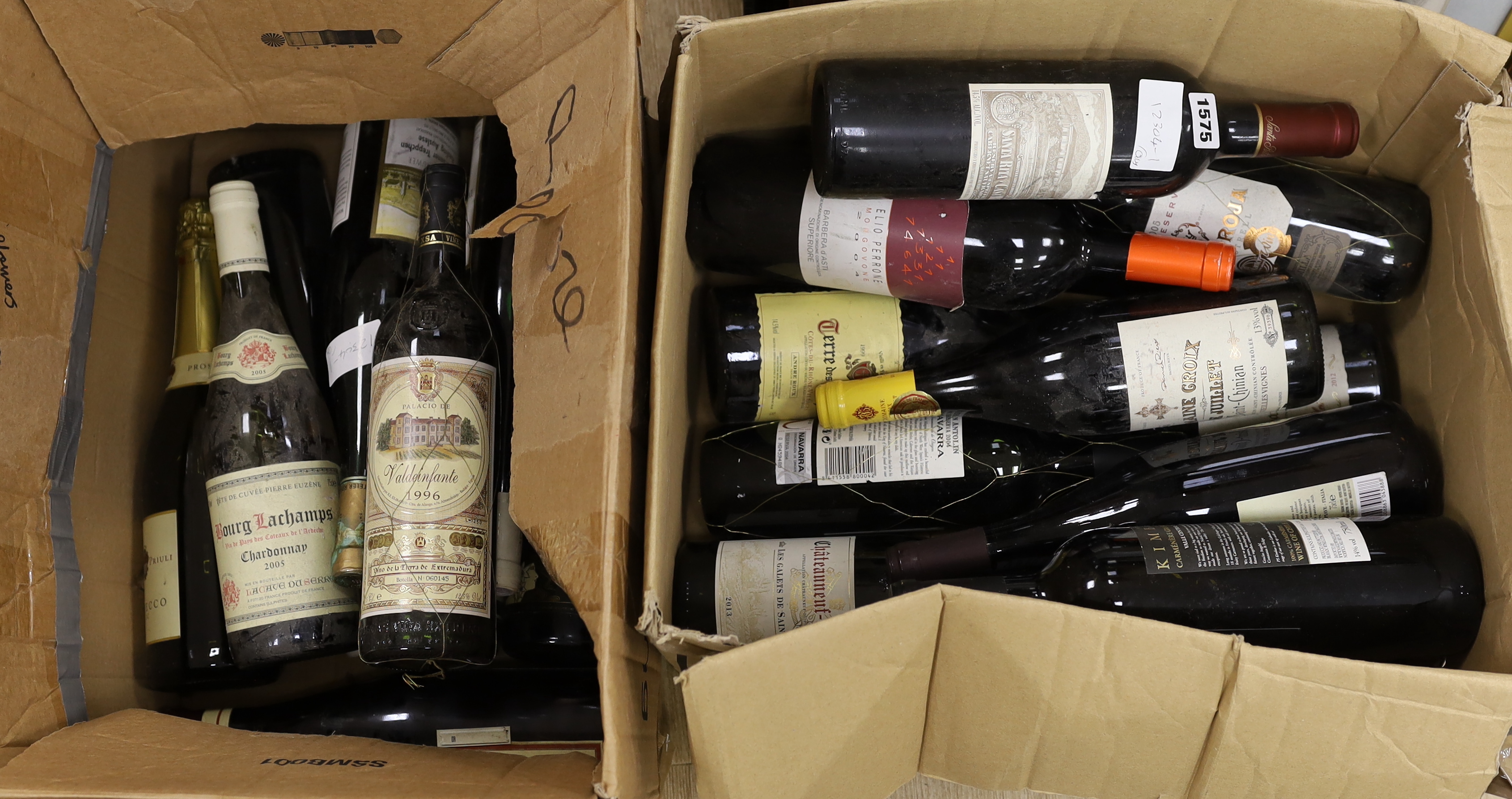 Twenty-one assorted bottles of red and white wine, including Chateauneuf du Pape, Valdeinfante 1996, Bourgeois Lachamps Chardonnay 2005, etc.